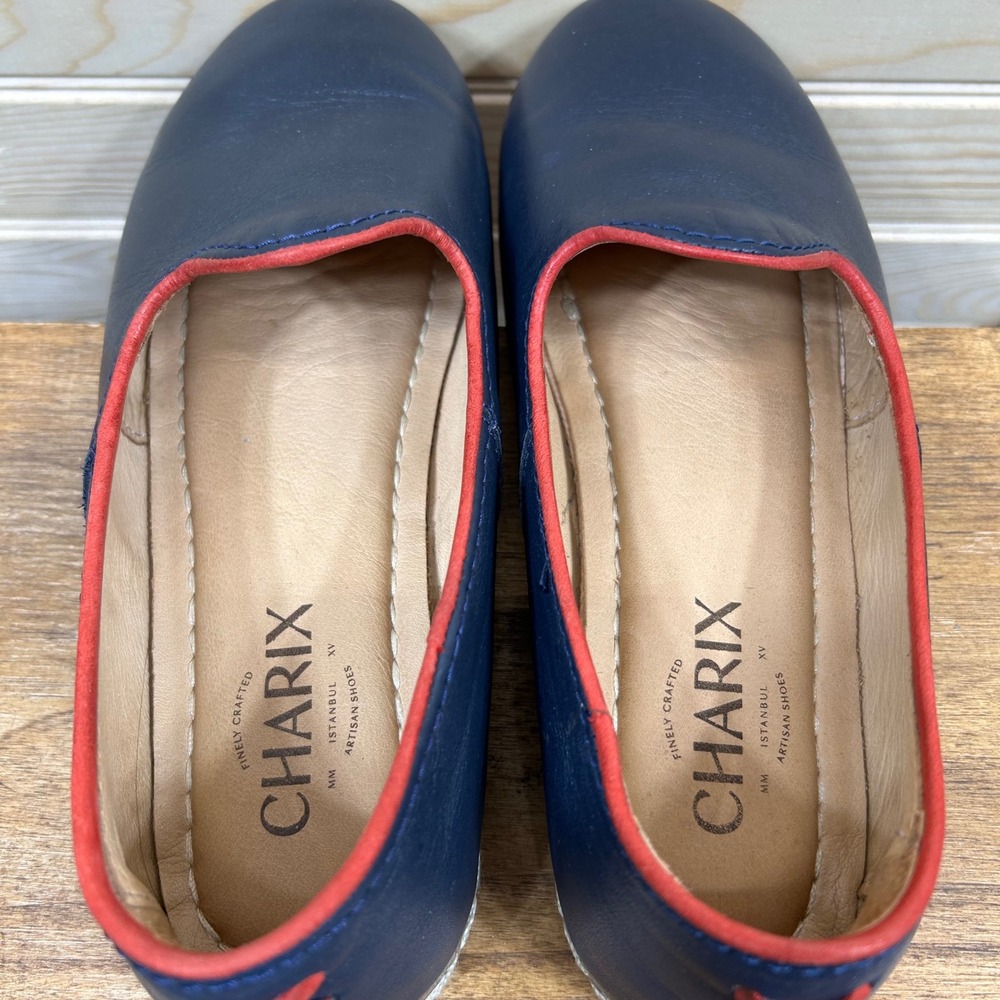 Charix Navy Blue Leather Artisan Loafer Red Trim Turkish Slip On Shoes Womens 37 - Picture 4 of 8